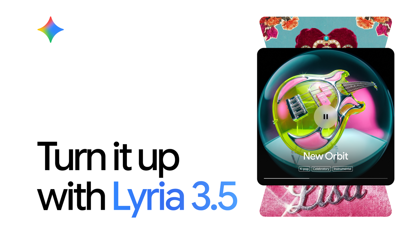 Lyria 3.5 官方宣传图：画面右侧为带有曲目标签的音乐播放器界面，上方标注 “Turn it up with Lyria 3.5” 字样