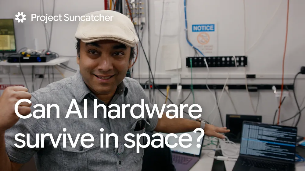 Project Suncatcher 视频系列截图，画面叠加文字「Can AI hardware survive in space?」