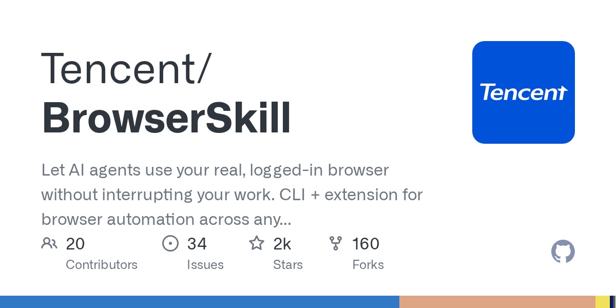BrowserSkill 的 GitHub 仓库卡片：腾讯旗下项目，描述为让 AI 智能体使用用户真实、已登录的浏览器