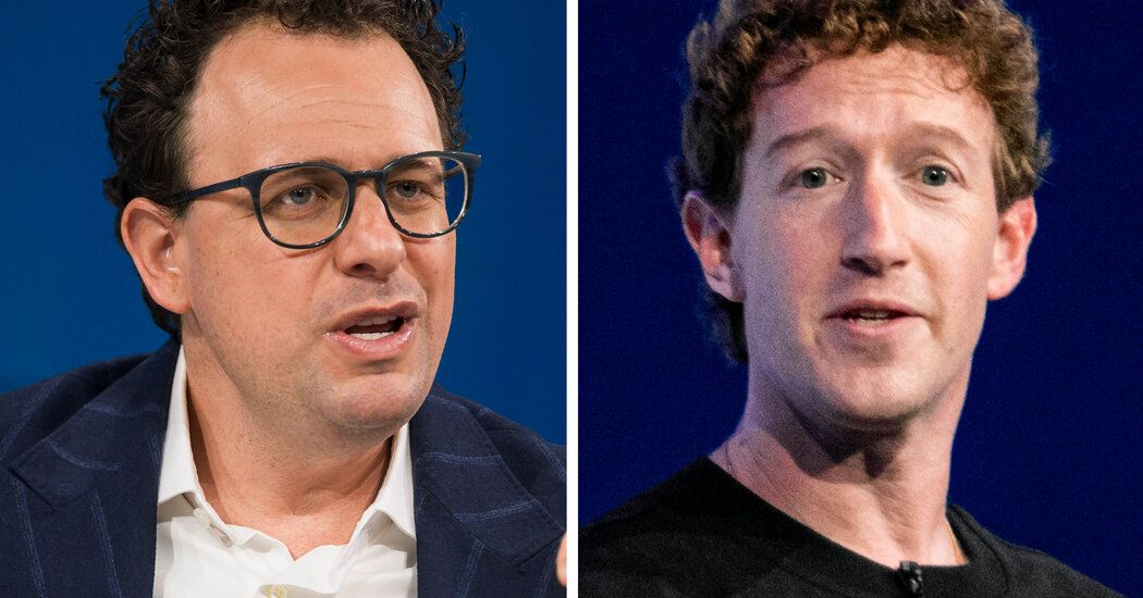 《纽约时报》报道配图：Anthropic CEO Dario Amodei（左）与 Meta CEO Mark Zuckerberg（右）