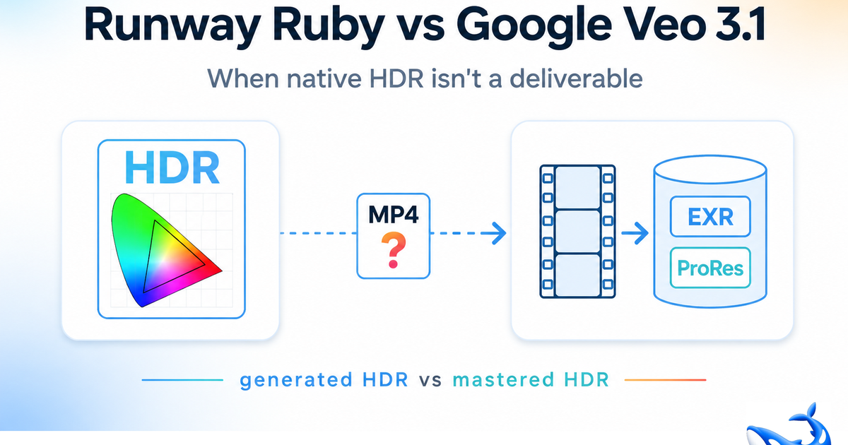 OrcaRouter 制作的对比图：Runway Ruby 与 Google Veo 3.1，展示 HDR 生成与 EXR、ProRes 母版交付的差异