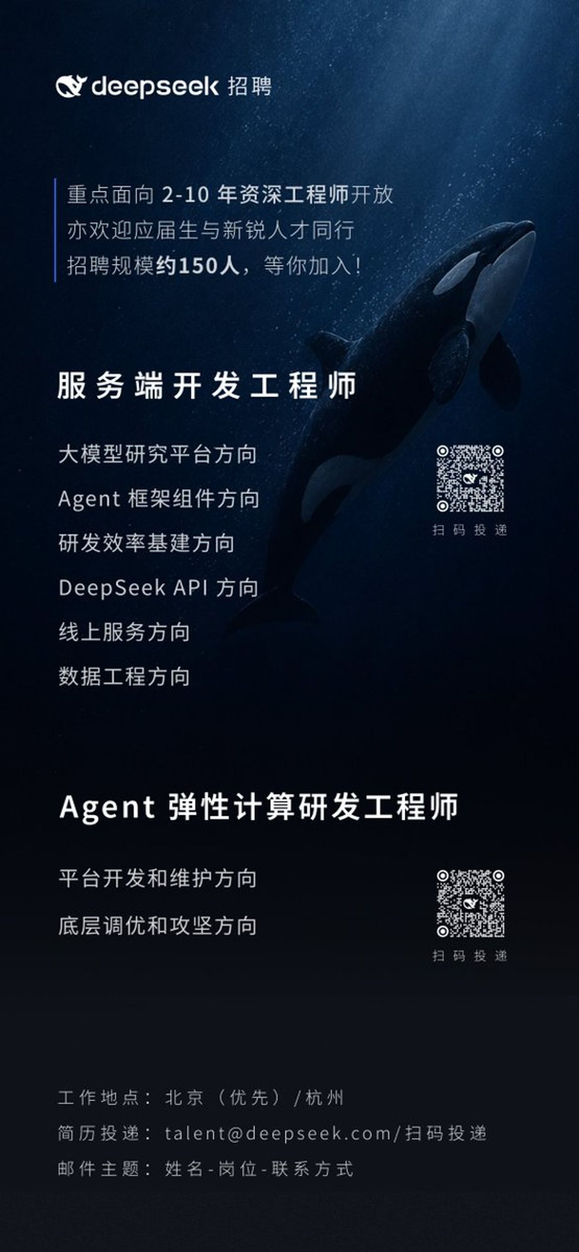 DeepSeek 招聘海报全图：两个岗位、8 个方向、扫码投递入口与联系方式