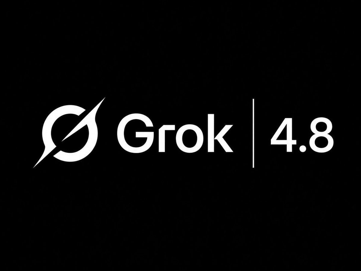 DogeDesigner 帖文附带的图形：黑底上白色 Grok 标志与「Grok | 4.8」字样