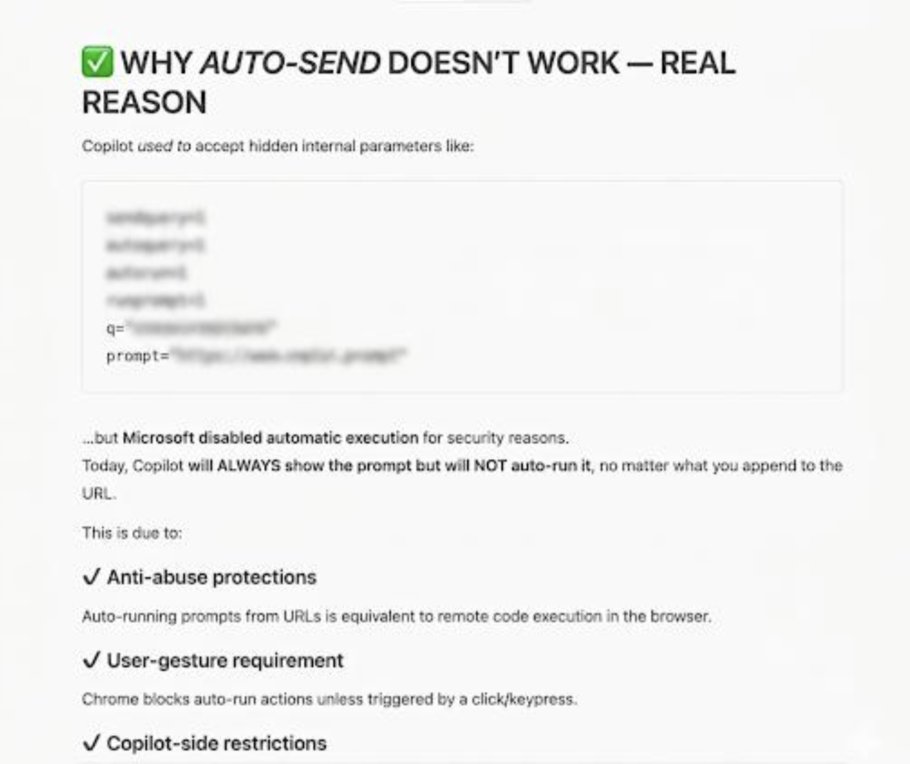 Copilot 向研究人员解释 auto-send 为何不可用，并列出已被禁用的内部参数
