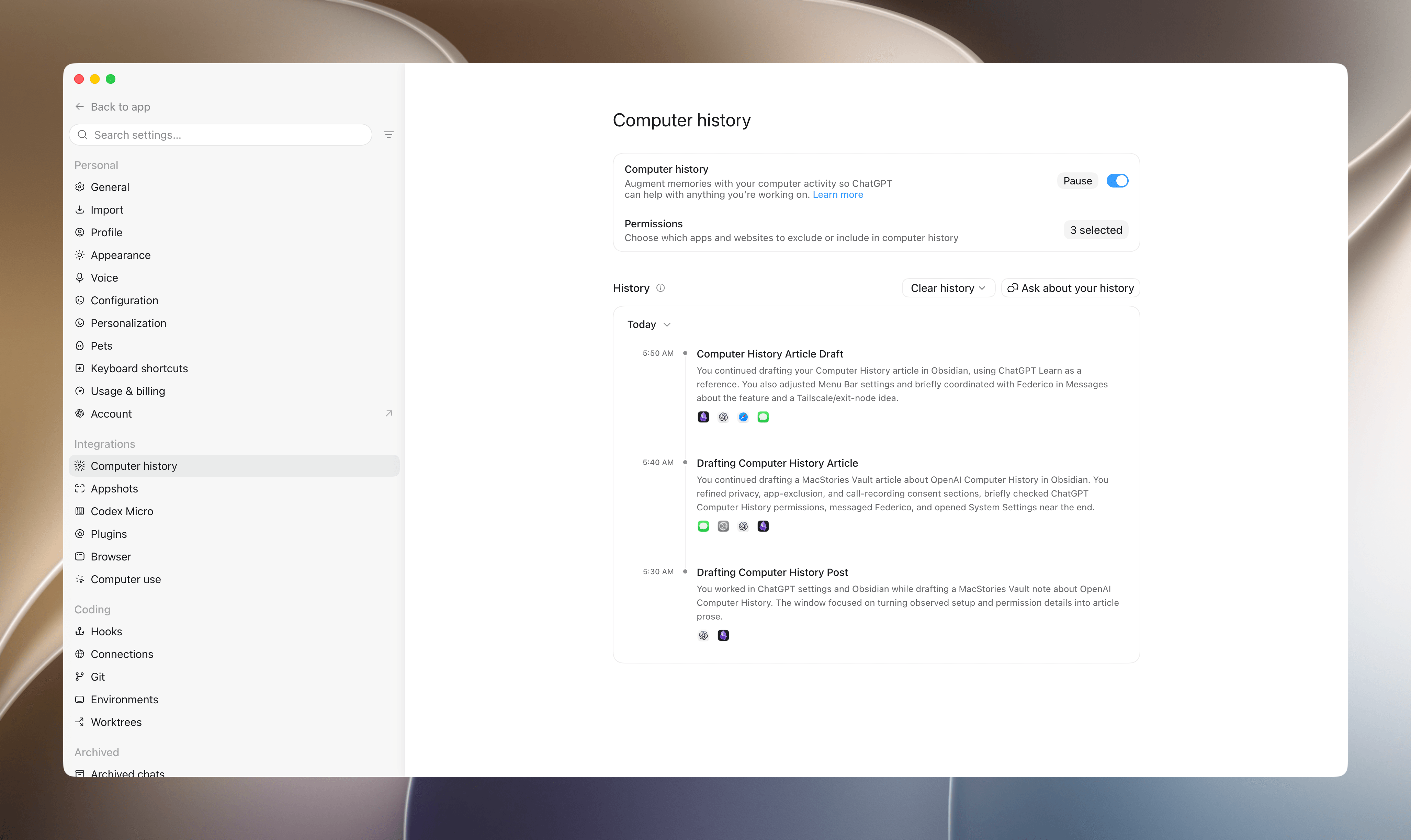 ChatGPT 桌面端 macOS 的 Computer History 设置界面，右侧时间线按时间段列出当日活动摘要