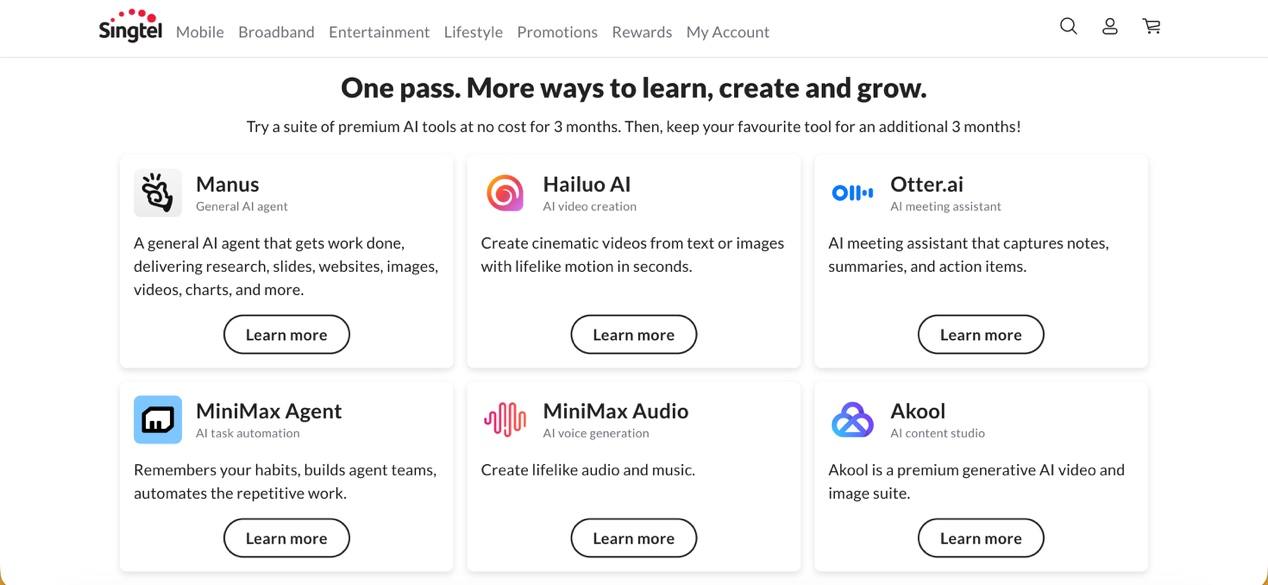 Singtel AI Pass 页面截图：六件工具包含 Manus、Hailuo AI、Otter.ai、MiniMax Agent、MiniMax Audio 与 Akool
