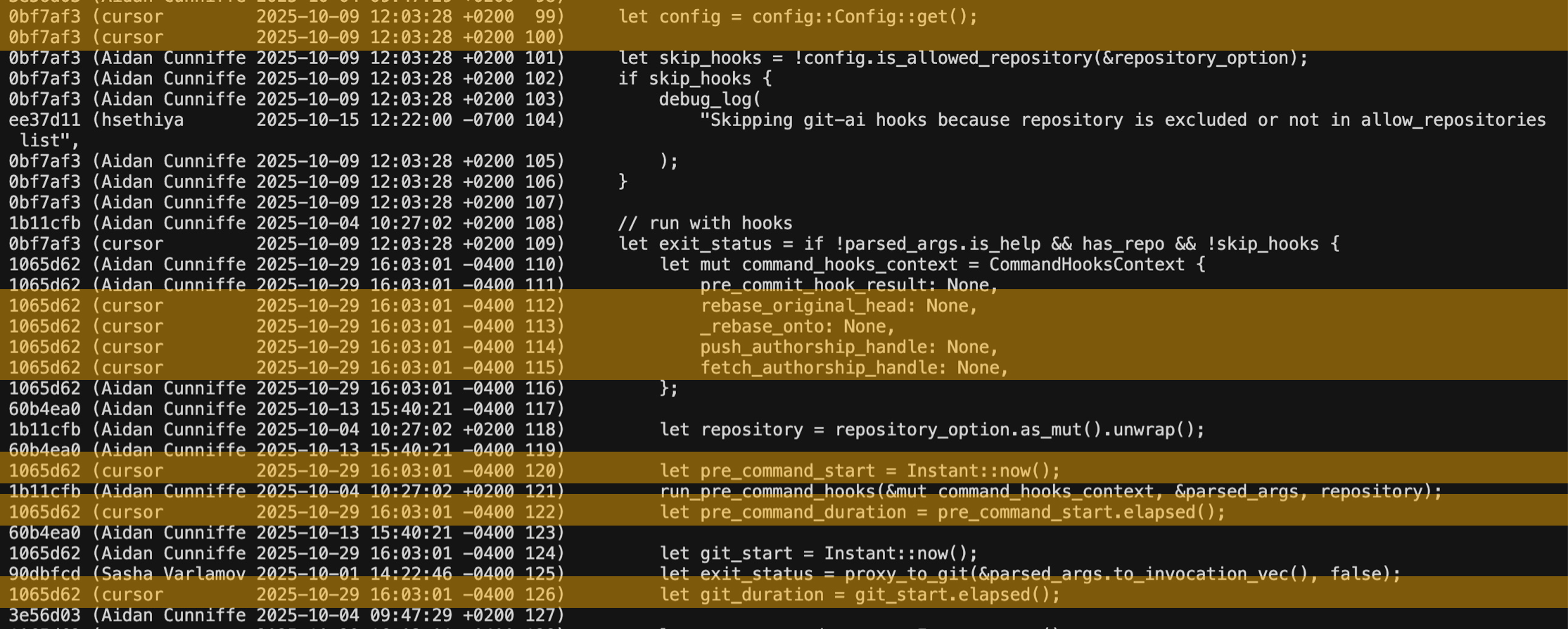 git-ai blame 的输出示例：同一份代码里，人类作者与 cursor 的逐行归属并列显示