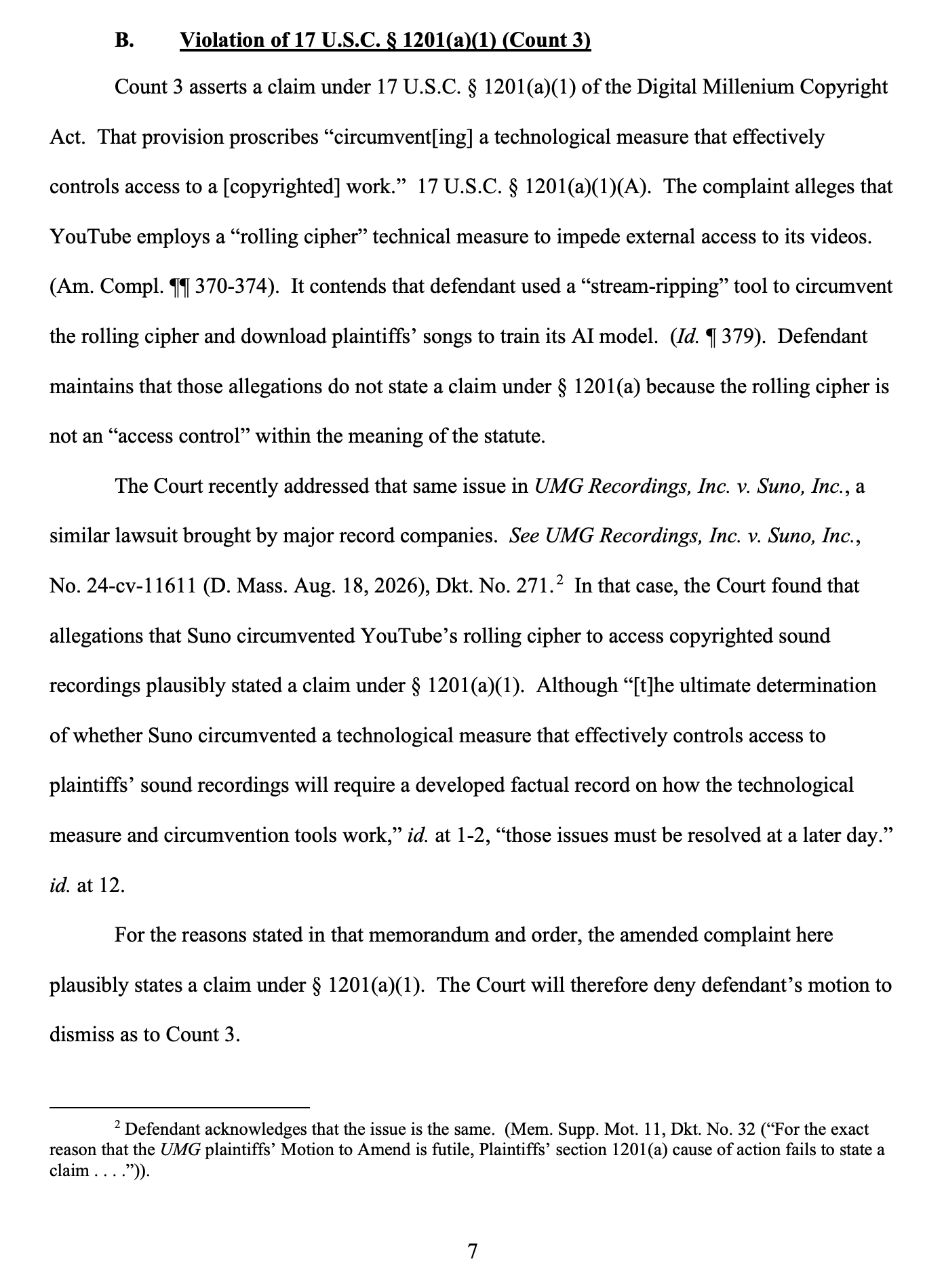 裁定书中关于 DMCA 反规避主张（Count 3）的论证部分