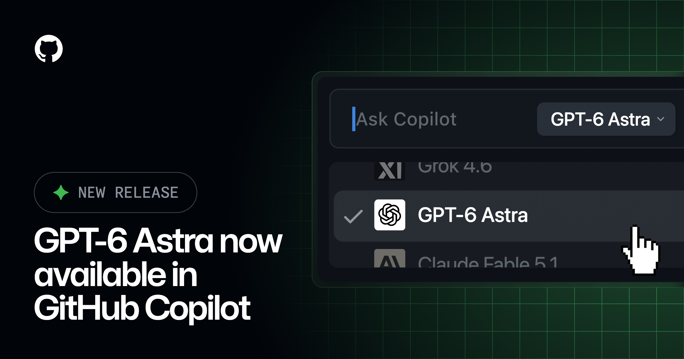 GitHub Changelog 封面图：模型选择器中的 GPT-6 Astra 处于选中状态