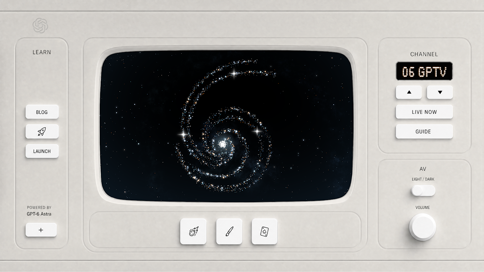 OpenAI GPT-TV 页面视觉：复古电视界面，中央屏幕为星系画面，右侧标注“06 GPTV”与“LIVE NOW”，界面注明“POWERED BY GPT-6 Astra”，左上角为 OpenAI 标识。@OpenAI 铺开公告所附“看 Astra 实况”链接指向该页面。