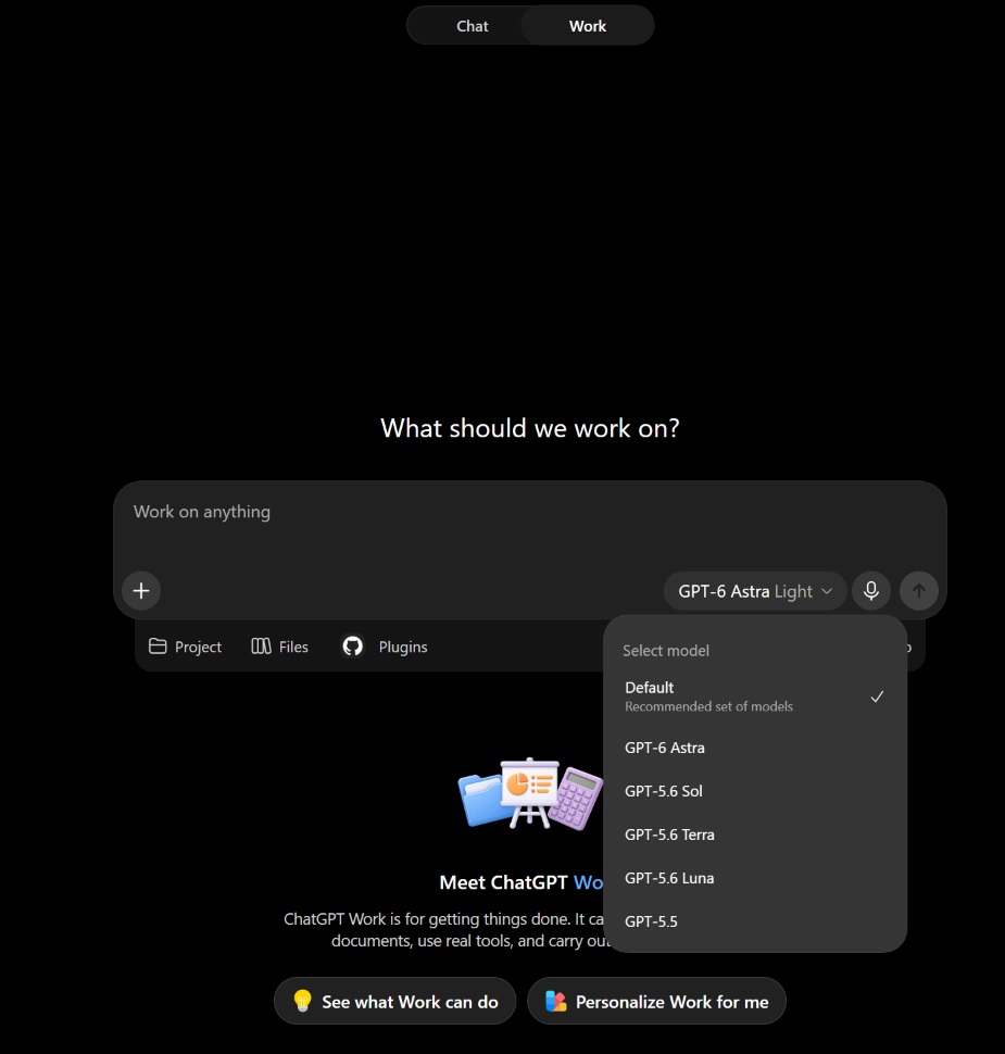 BleepingComputer 记者在 ChatGPT Work 的模型选择器中看到 GPT-6 Astra 的界面截图（Chat/Work 两个入口中 Work 处于选中状态）