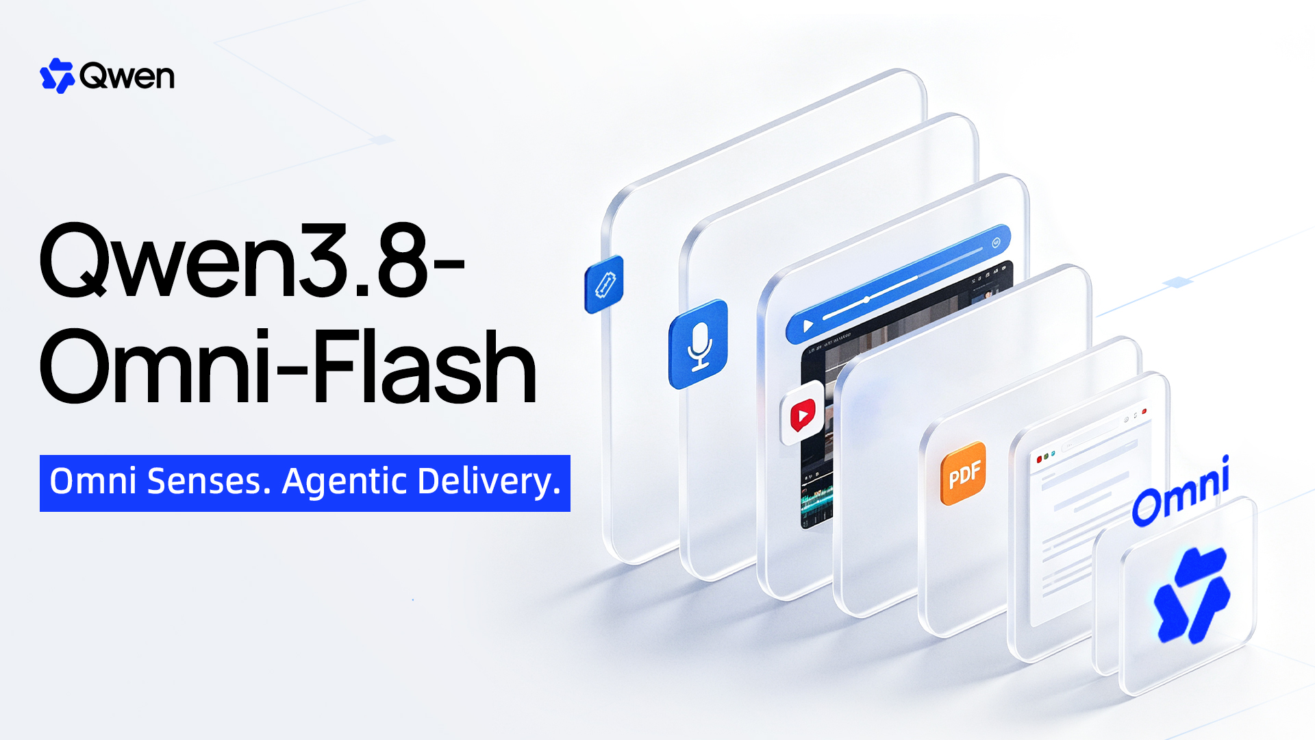 Qwen3.8-Omni-Flash 官方主视觉，标语为「Omni Senses. Agentic Delivery.」