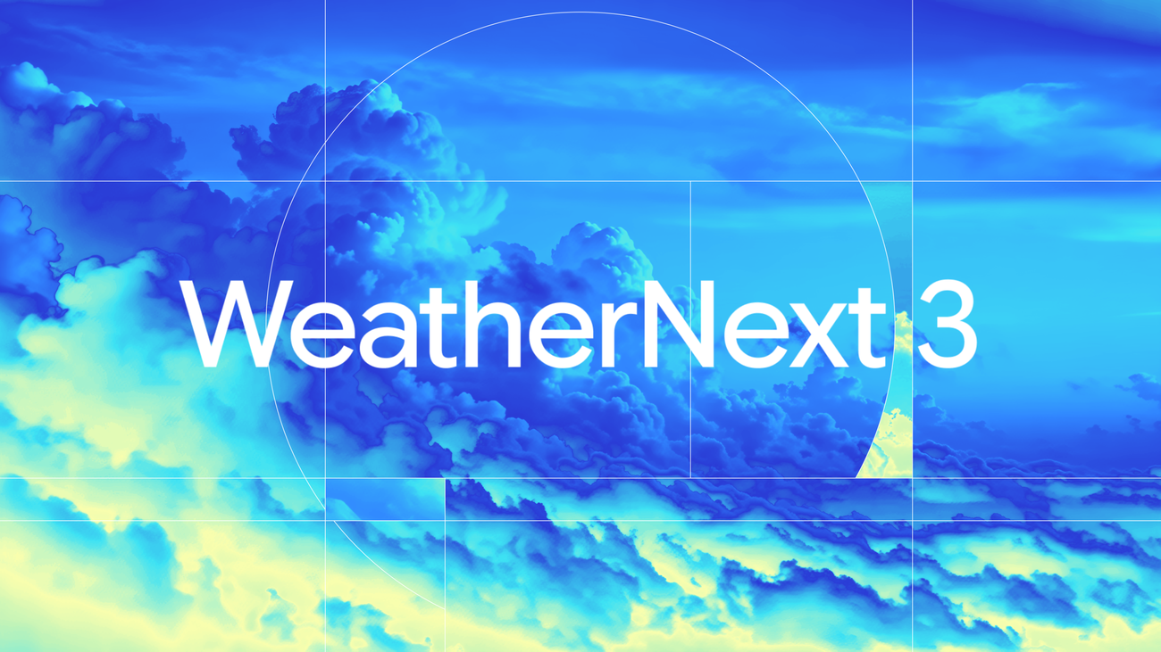 Google 官方博客发布的 WeatherNext 3 主视觉，蓝色云图与圆形轨道线底纹上印有白色产品名