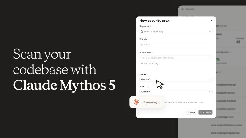 Claude Security 新安全扫描界面：选择仓库与分支，模型一栏选中 Mythos 5