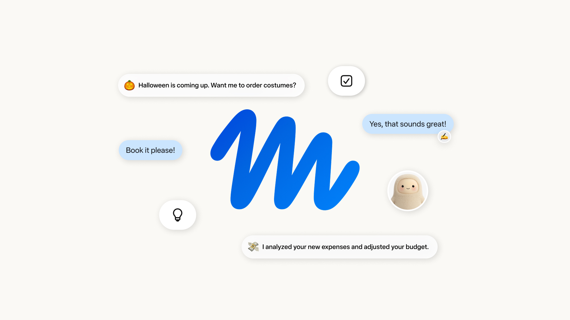 Meta 官方发布的 Muse 宣传主图：蓝色手绘 M 形标识，四周是购物、记账等对话气泡（图源：Meta 新闻室）