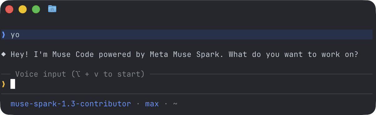 Claire Zhou 在推文中附带的 Muse Code 界面示意图，底部状态栏显示 muse-spark-1.3-contributor · max。