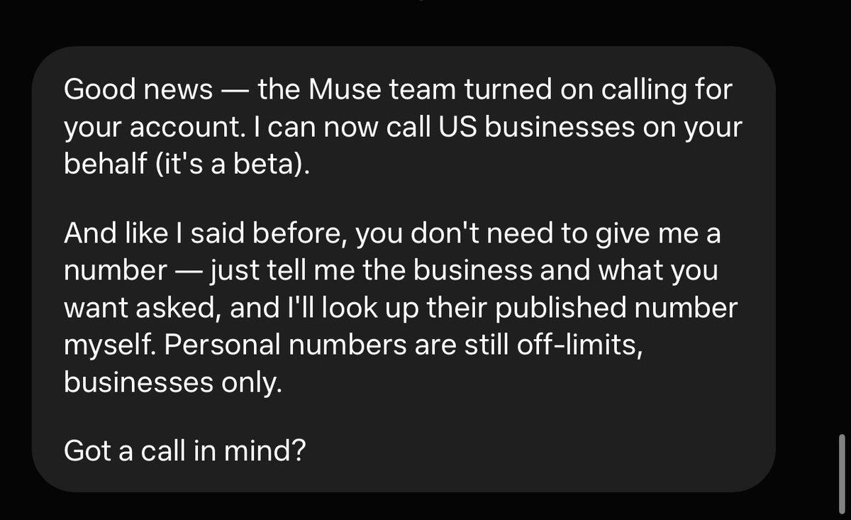 用户 @Dhaval 晒出的 Muse 对话截图：Muse 通知已开通通话功能，并注明只面向美国企业、个人号码不开放