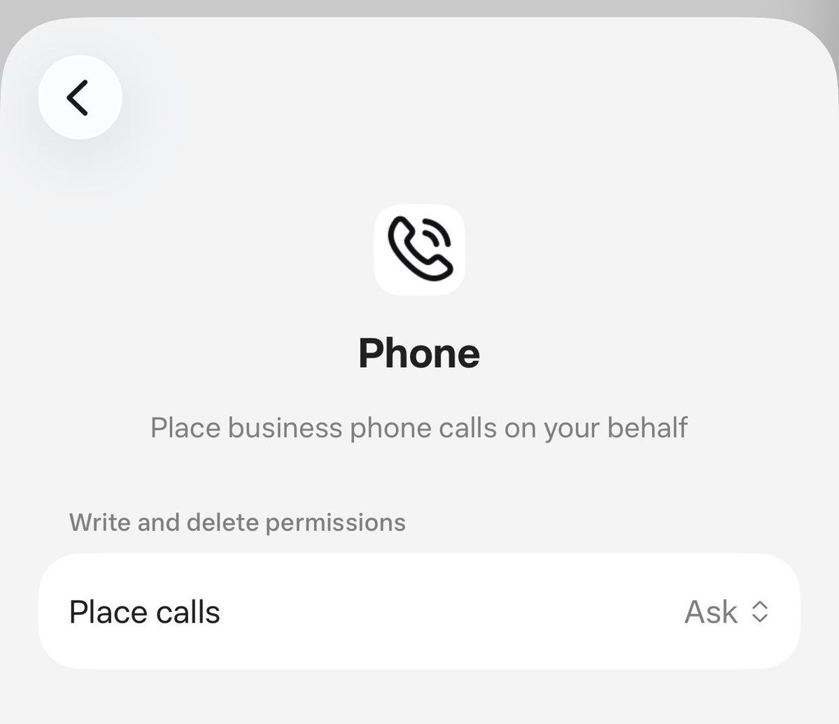 用户 @WisemanCap 晒出的 Muse 设置页截图：Phone 功能说明为「代表你拨打企业电话」，权限一栏为「询问」