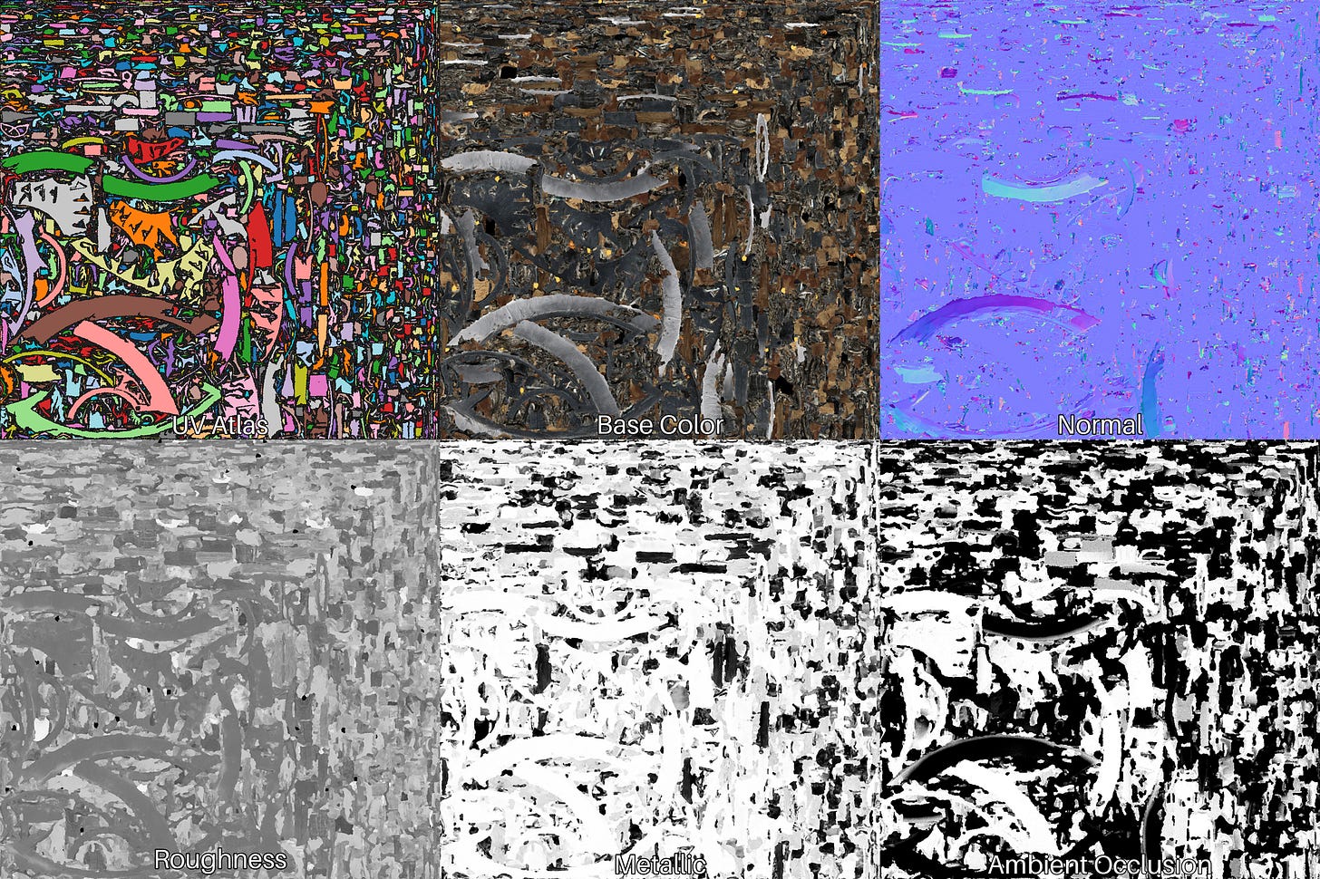 PBR 材质贴图集：UV Atlas、Base Color、Normal、Roughness、Metallic、Ambient Occlusion