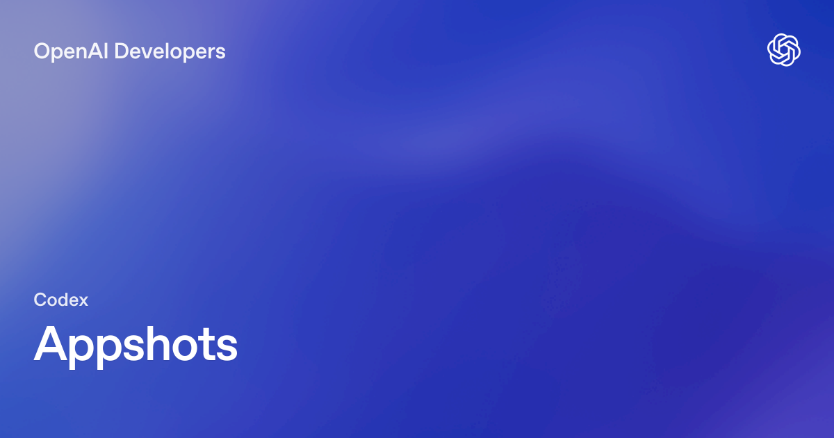 OpenAI 官方 Codex Appshots 功能页标题卡，蓝紫渐变背景，右上角为 OpenAI 标志（图片来自 Kingy AI 的 appshots 报道）