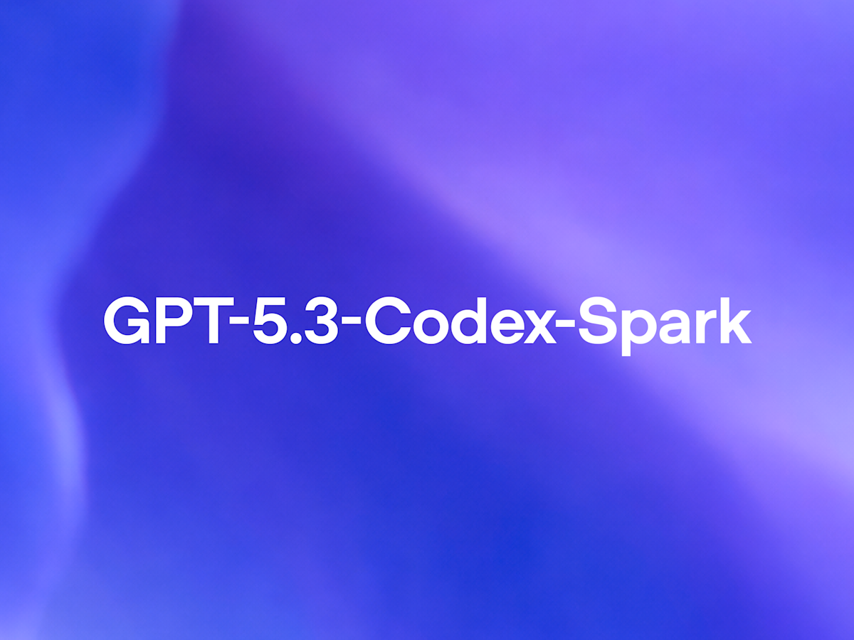 OpenAI 为 GPT-5.3-Codex-Spark 发布的宣传图：蓝紫色渐变背景中央写着模型名称