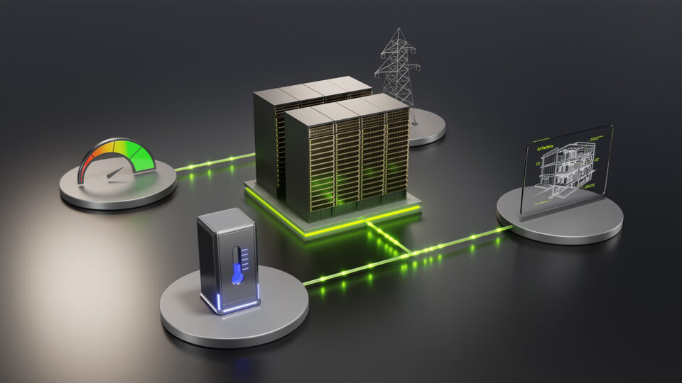 NVIDIA 展示的 DSX 能效示意图：AI 工厂与电网、功率计量设备及能源管理系统相连