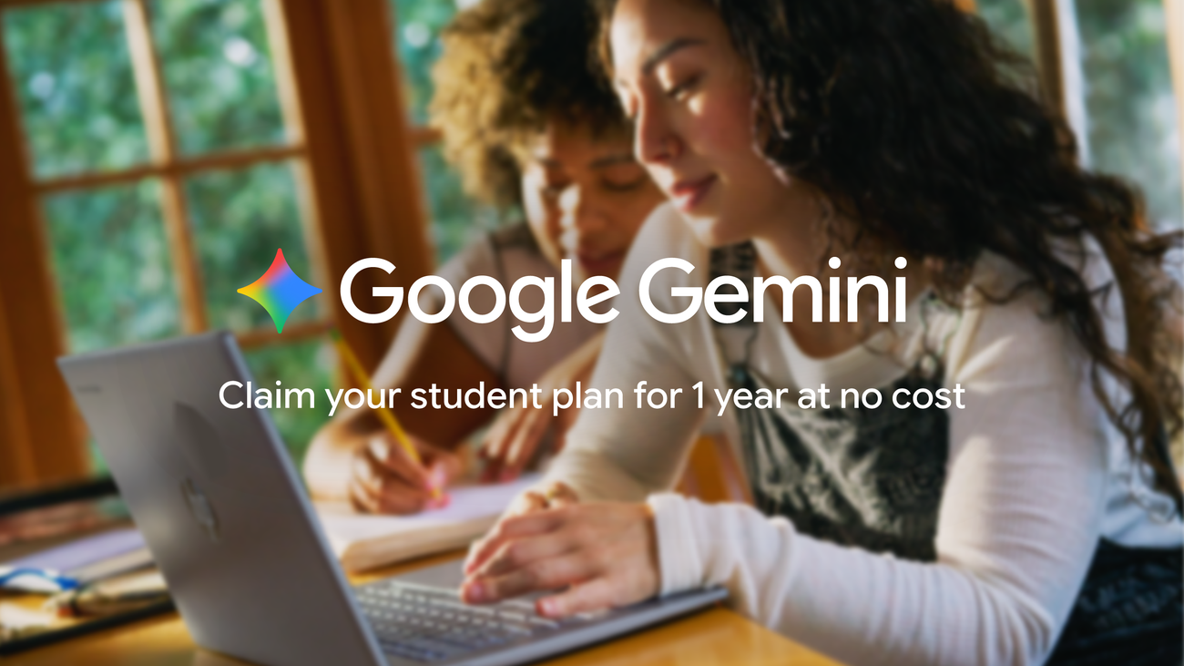 Gemini 学生计划官方宣传图：两名学生在笔记本电脑前学习，画面标注“一年免费领取学生计划”