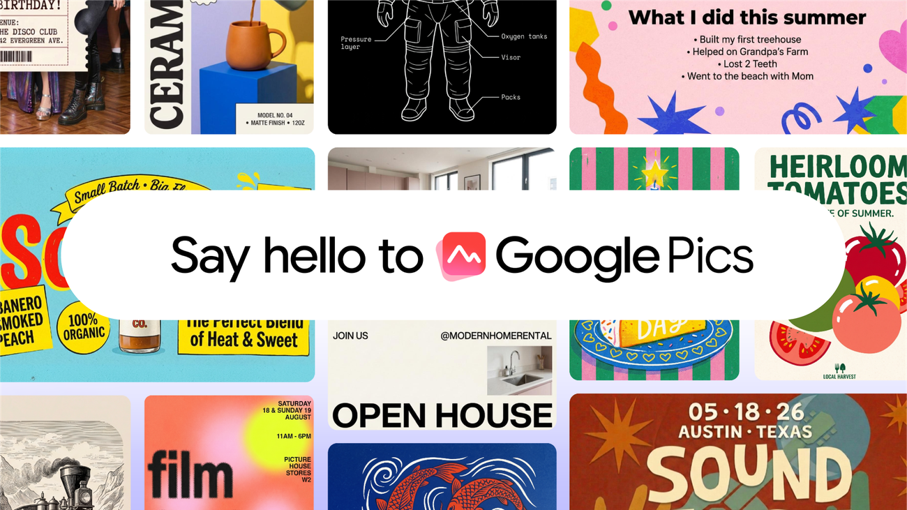 Google 官方博客发布的 Google Pics 宣传图，中央写着 Say hello to Google Pics，周围环绕海报、传单等产品输出示例