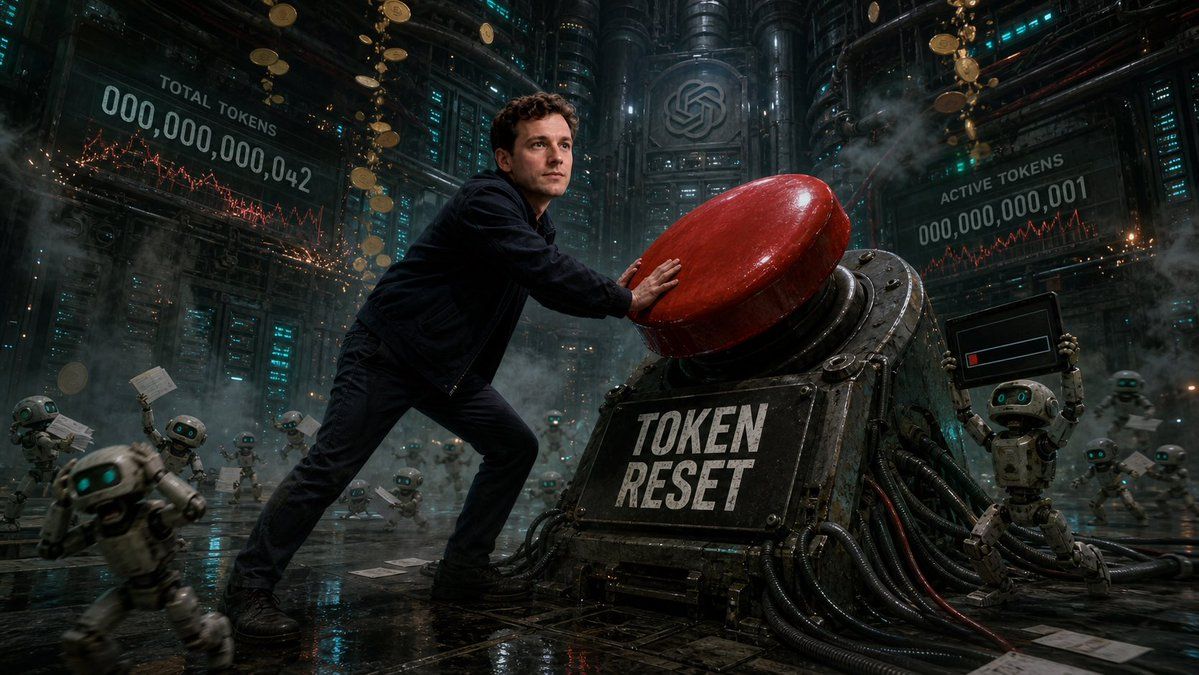 用户创作的 TOKEN RESET 场景图：画面中有人按下标有 TOKEN RESET 的红色按钮，背景可见 OpenAI 标志与 Token 计数