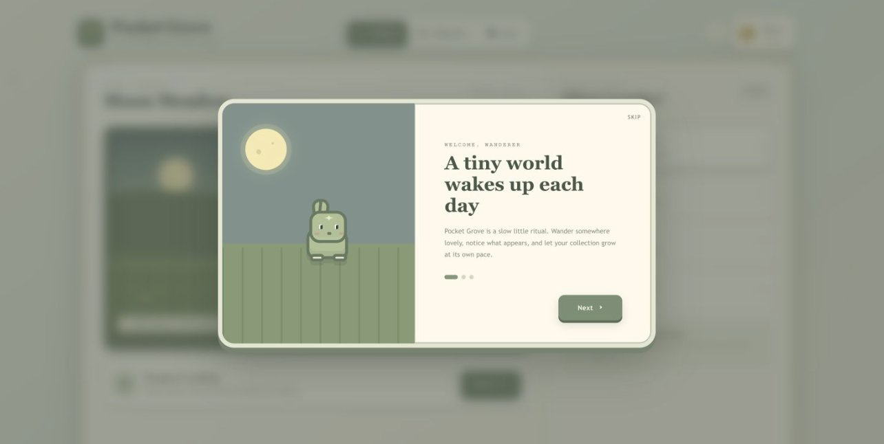 OpenAI 帖文中分享的用户站点截图：像素风探索游戏 Pocket Grove 的欢迎界面