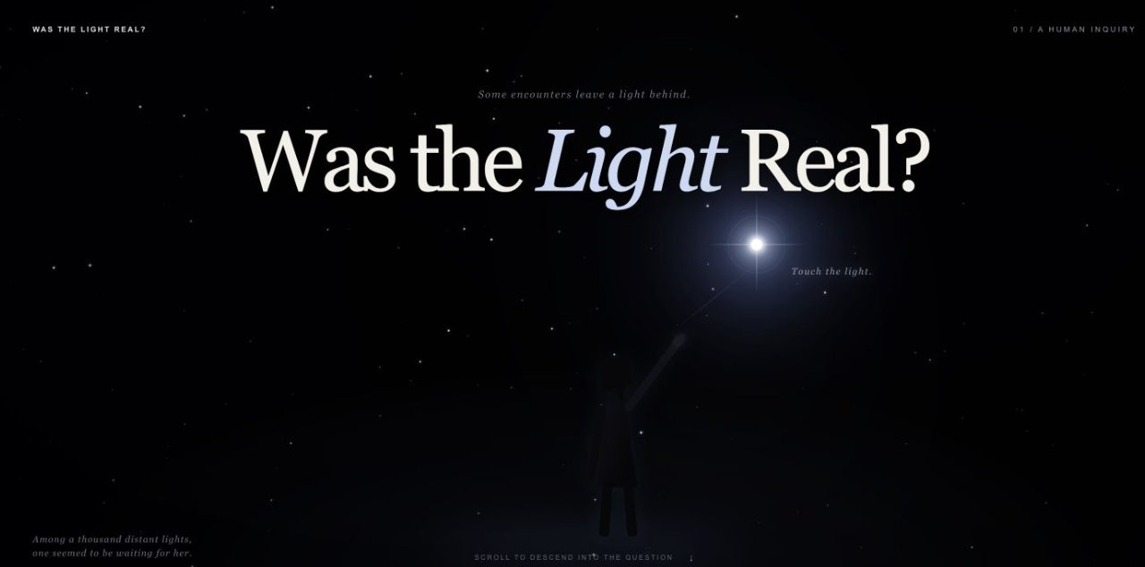 OpenAI 帖文中分享的用户站点截图：互动视觉故事“Was the Light Real?”的开场页面