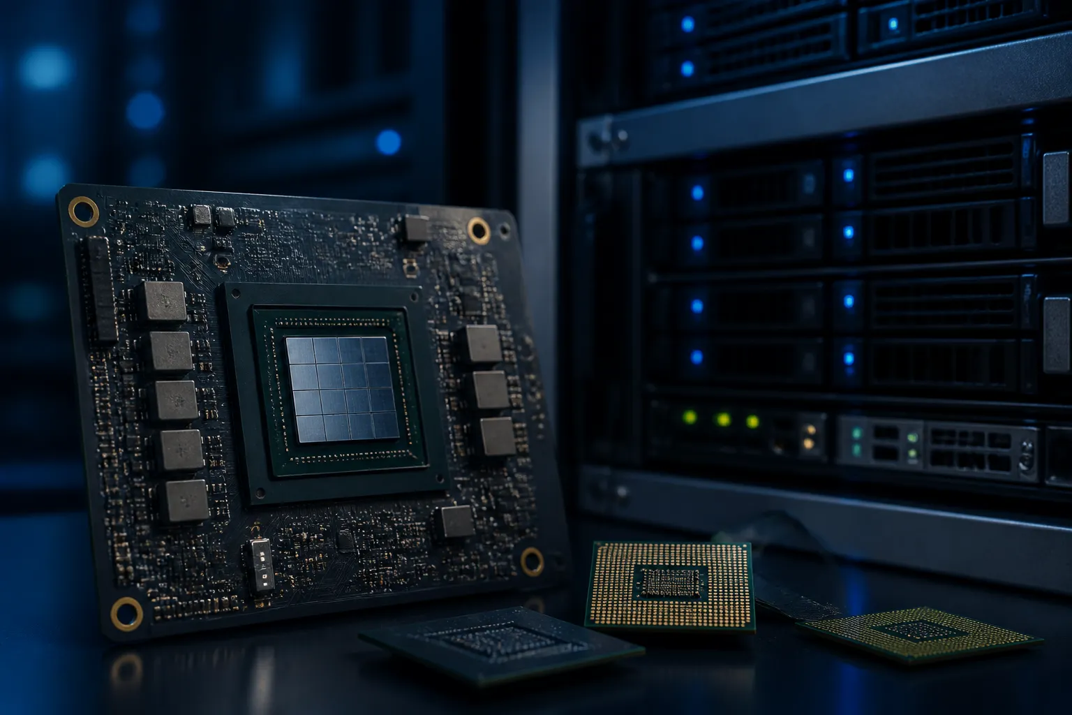 Nvidia GPU 芯片特写，背景为服务器机柜