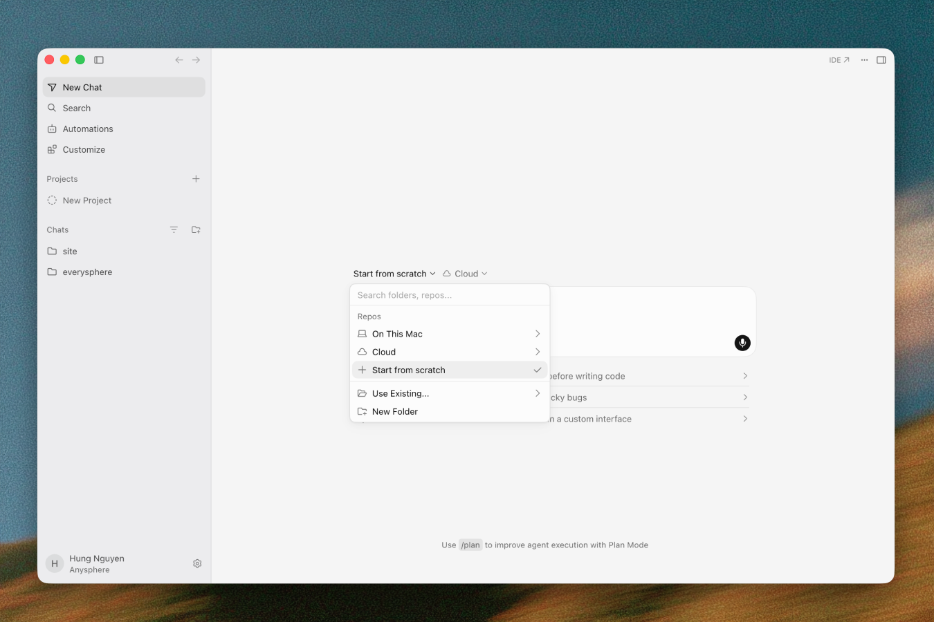 Cursor 仓库选择器中的「Start from scratch」选项