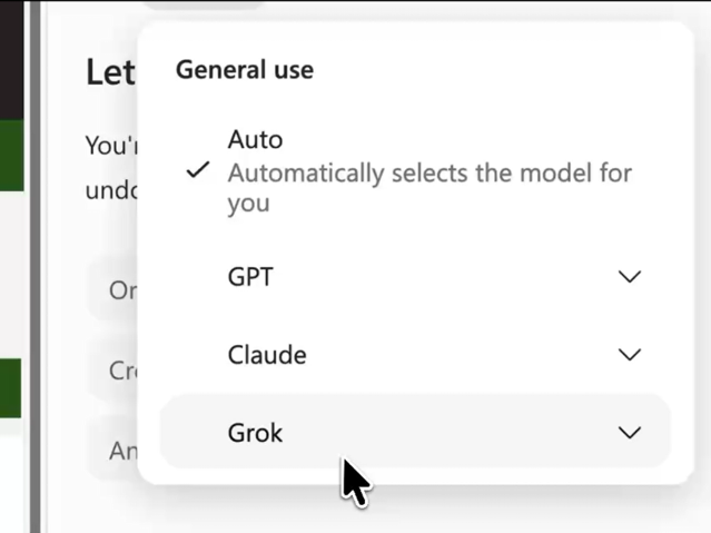微软 Copilot 博文配图：模型选择器中列有 Auto、GPT、Claude 和 Grok，光标停在 Grok 上
