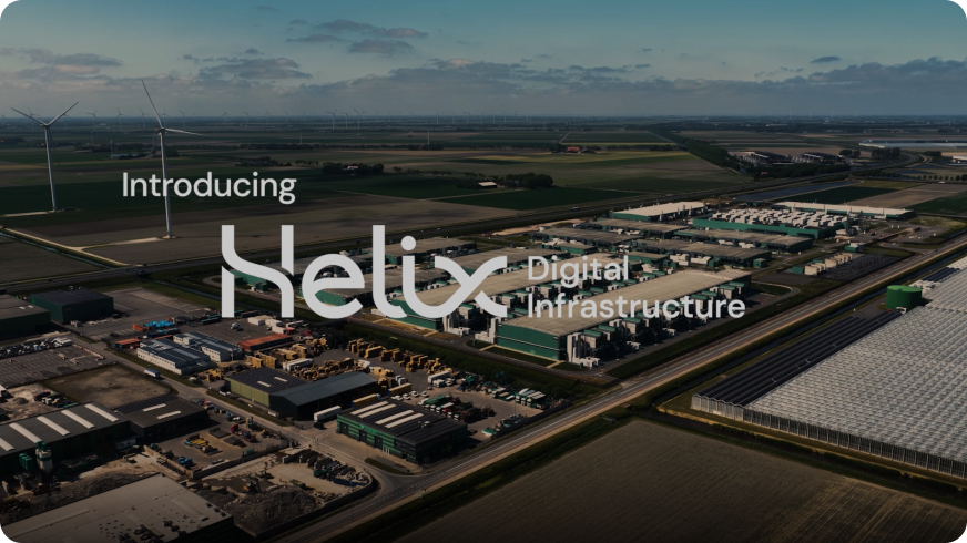 Helix 官网主视觉：航拍数据中心园区，周边有风机与光伏阵列，画面叠加 “Introducing Helix” 品牌字样