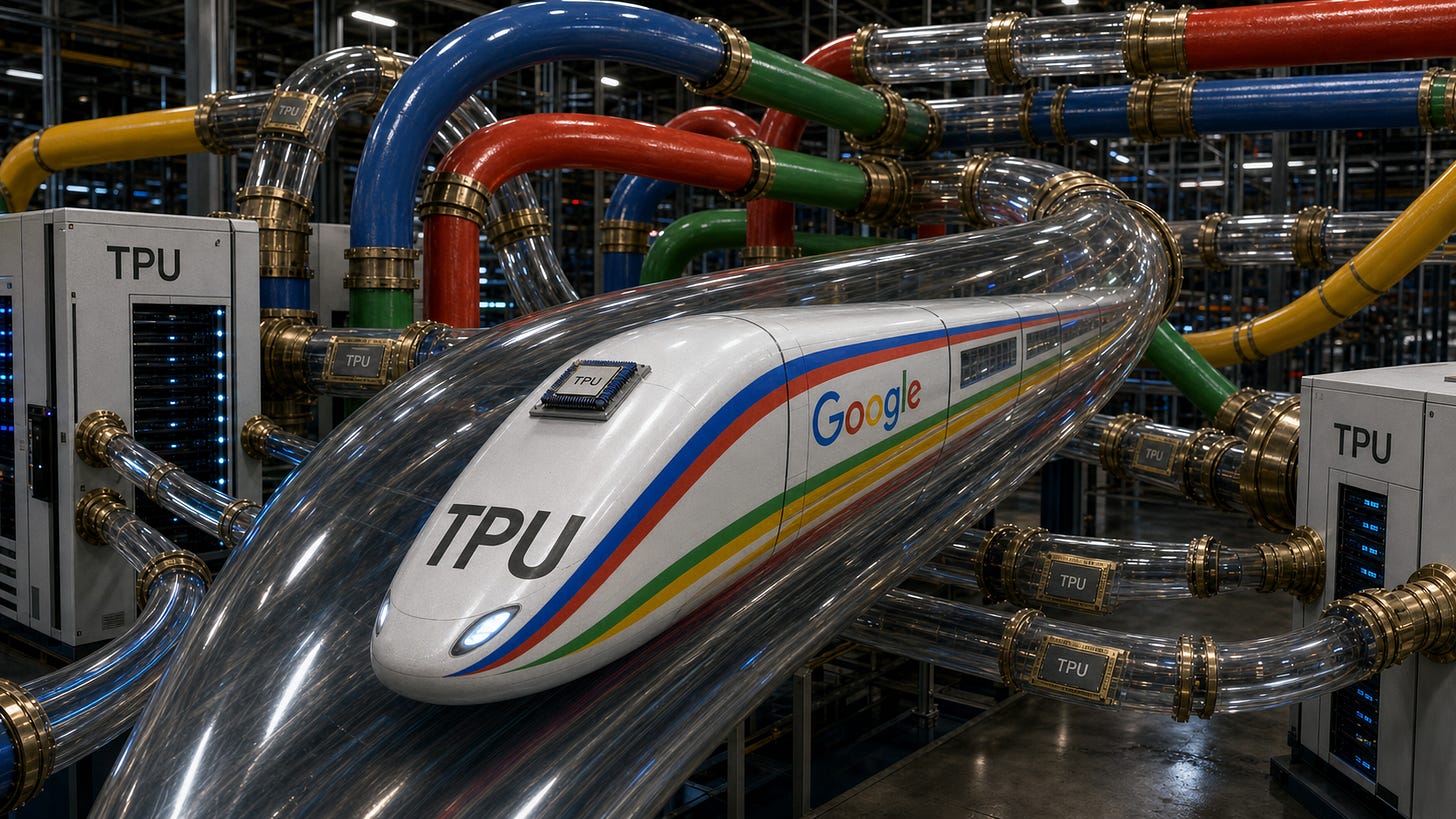 SemiAnalysis 报告《TPU Inference Externalization Full Steam Ahead》封面插画：在数据中心管道中飞驰的 Google TPU 列车