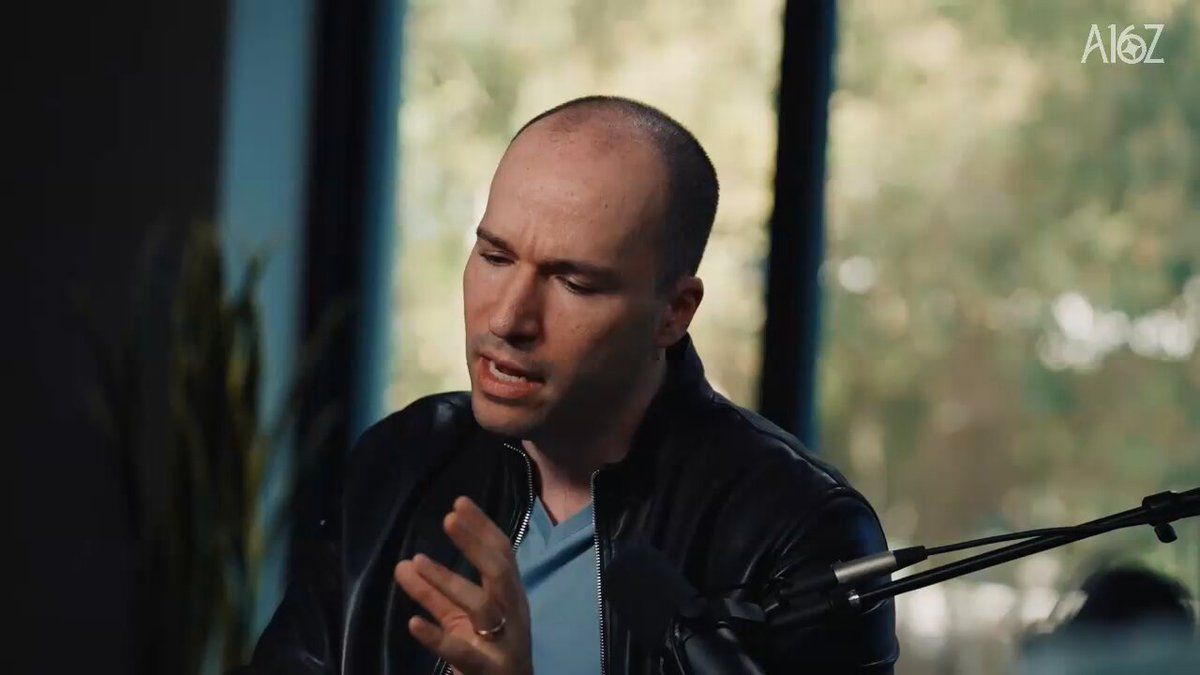 a16z 帖文附带的视频截图：Greg Brockman 在访谈中讲话
