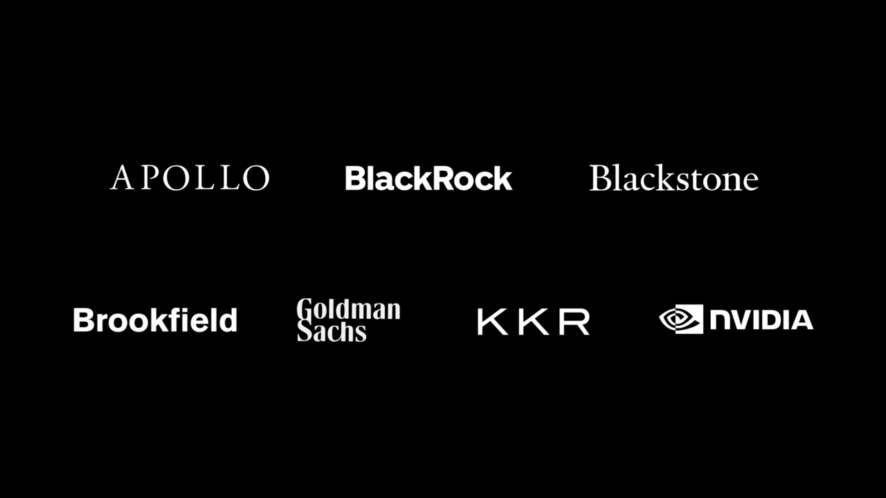 NVIDIA 与 Apollo、BlackRock、Blackstone、Brookfield、Goldman Sachs、KKR 的标志并列，出自 NVIDIA 官方博客该篇署名文章的题图