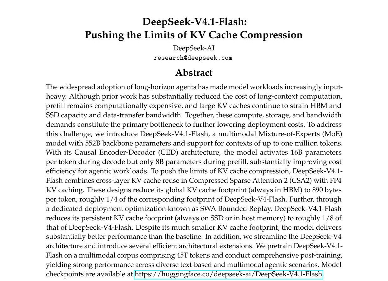DeepSeek-V4.1-Flash 技术报告首页，标题为 Pushing the Limits of KV Cache Compression