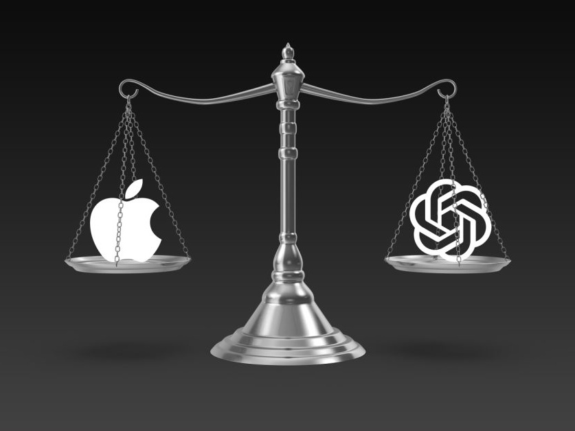 天平两端分别是苹果与 OpenAI 标志的插画，配图来自 9to5Mac 对本案的报道
