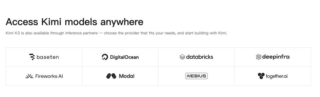 Kimi K3 的第三方推理合作伙伴页面，可见 Baseten、DigitalOcean、Databricks、DeepInfra、Fireworks AI、Modal、Nebius、Together AI 等 Provider（截图来自 36 氪转载的腾讯科技报道）