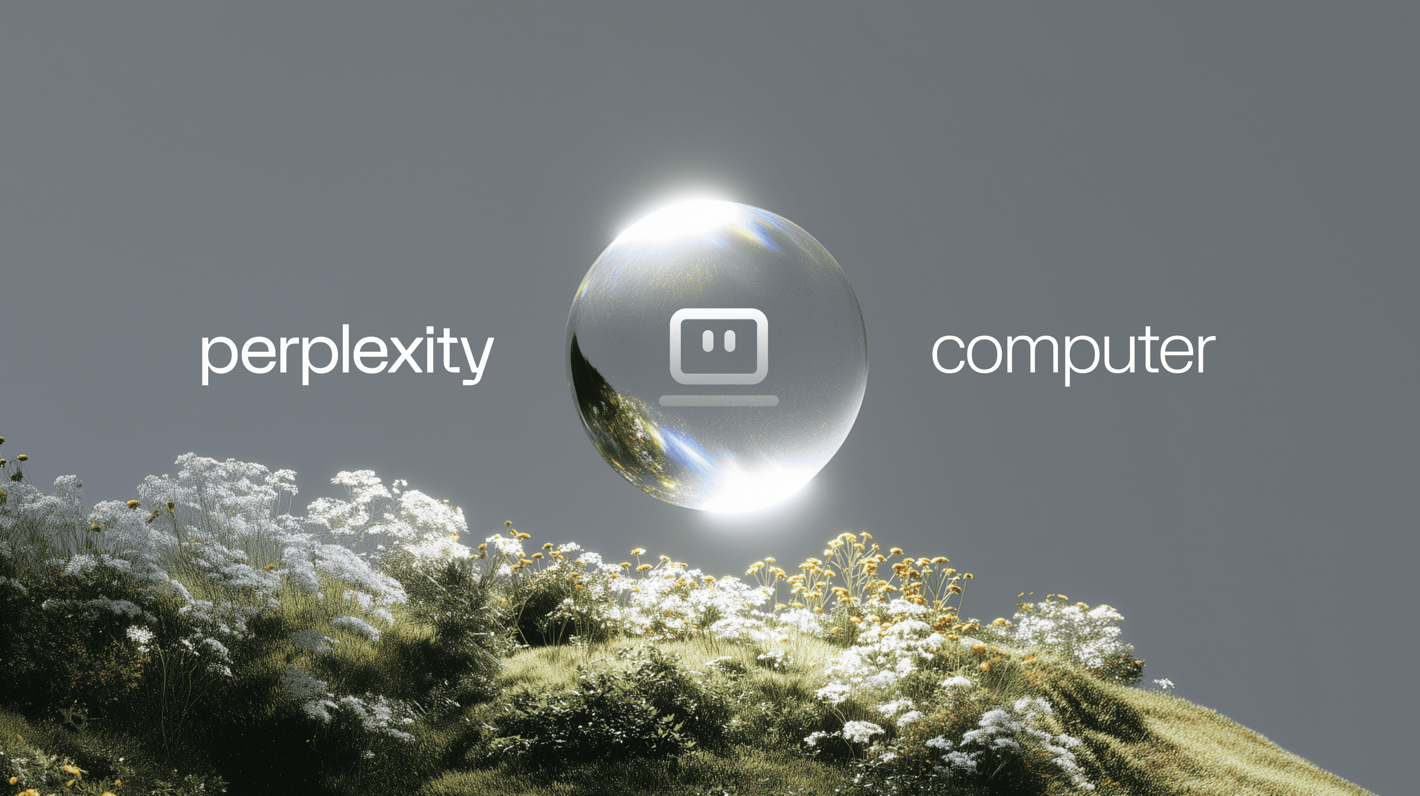 Perplexity Computer 官方宣传图：透明球体悬浮于山野之上，画面两侧为 perplexity 与 computer 字样