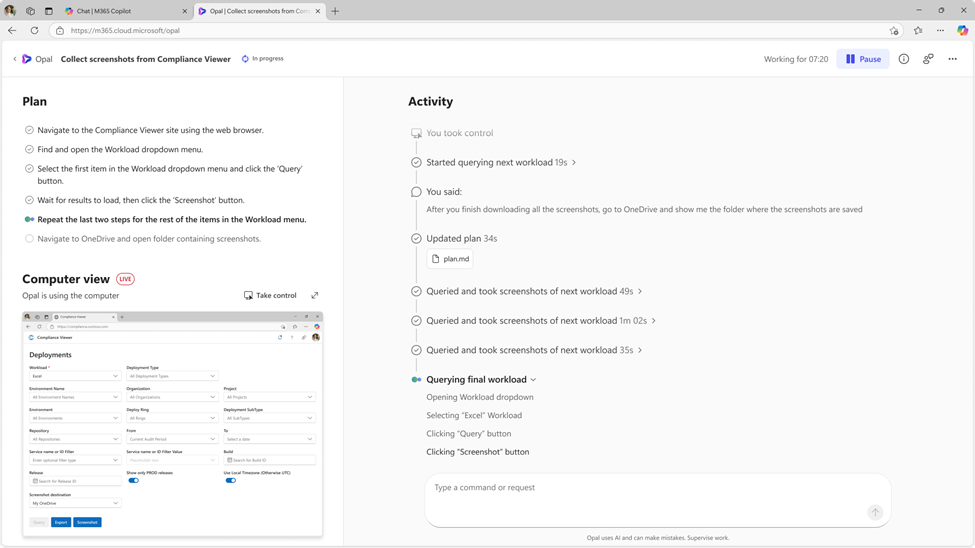 微软官方博客配图：Opal 正在执行“从 Compliance Viewer 收集截图”的任务，左侧是计划与实时电脑画面，右侧是活动日志