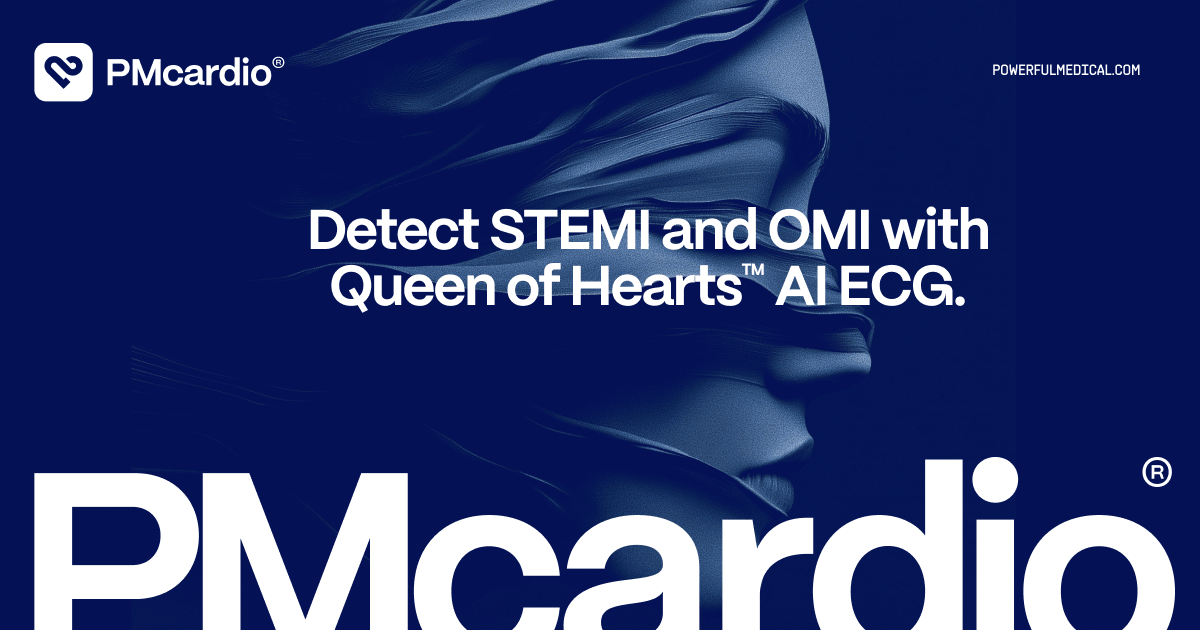 Powerful Medical 官网 Queen of Hearts 产品横幅，原文：Detect STEMI and OMI with Queen of Hearts™ AI ECG