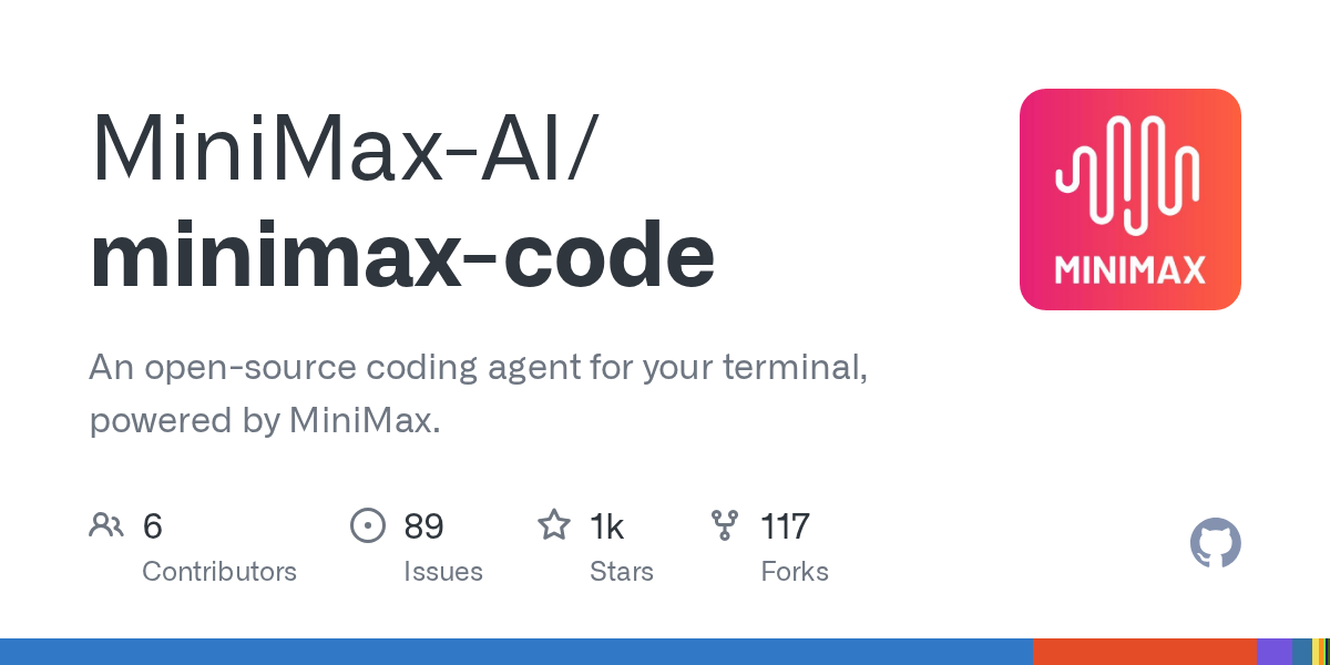 GitHub 上 MiniMax-AI/minimax-code 仓库的页面卡片：描述为「面向终端的开源编程 agent」，显示 1k star、117 fork 与 6 名贡献者