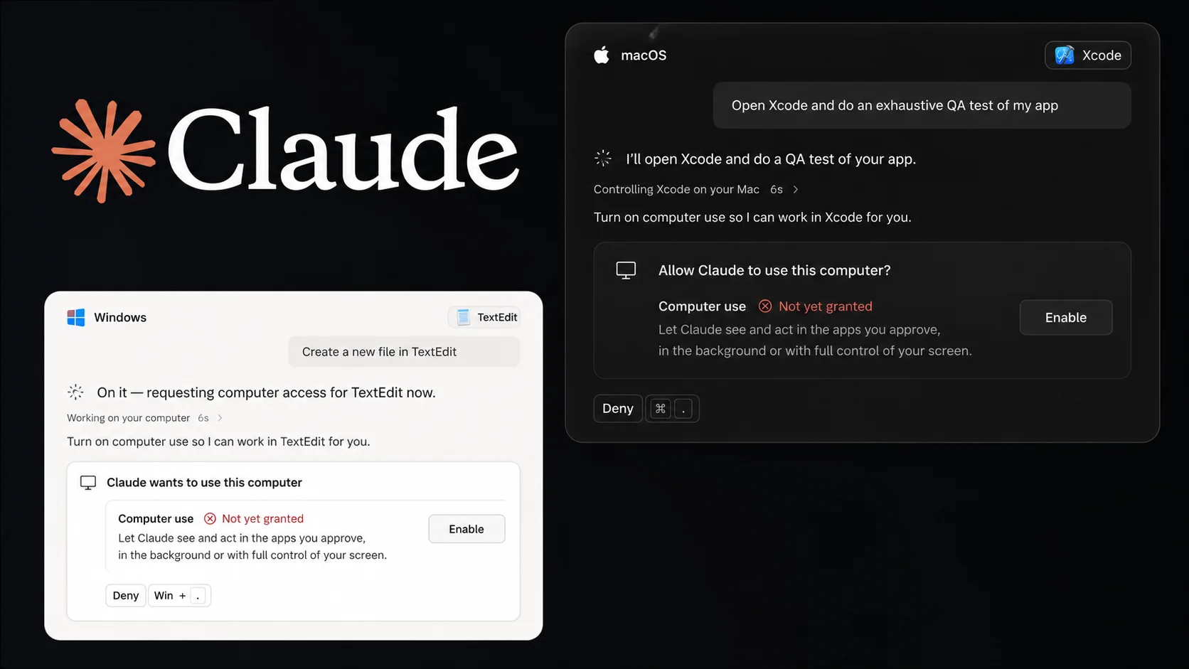 示意图：Claude 请求 computer use 授权的弹窗，左为 Windows（TextEdit 场景）、右为 macOS（Xcode 场景）
