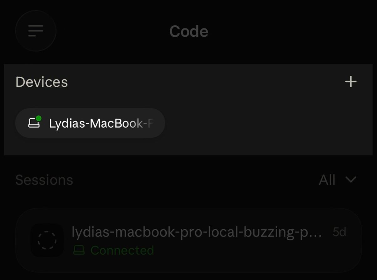 Claude 手机应用 Code 标签页截图：顶部 Devices 区块中的设备卡片，下方是已连接的会话列表