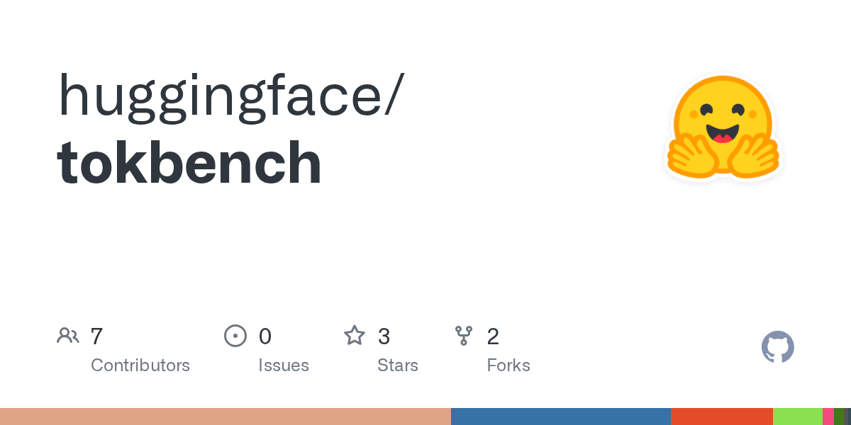 huggingface/tokbench 仓库的 GitHub 页面卡片，该基准仓库与 tokenizers v1 候选版一同开源