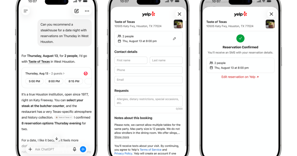 ChatGPT 餐厅预订界面：从对话推荐到 Yelp 预订再到确认