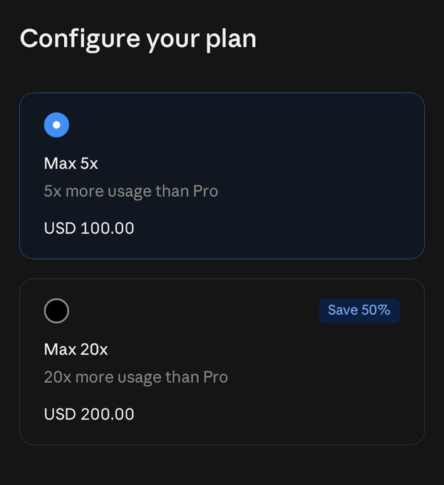 Claude 套餐选择页截图：Max 20x 标有 Save 50% 徽标